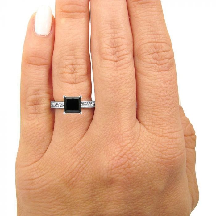 Black Princess Cut Hidden Halo Diamond Engagement Ring 14k White Gold