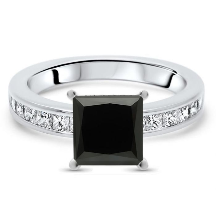 Black Princess Cut Hidden Halo Diamond Ring 14k White Gold