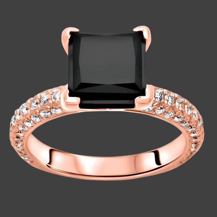Princess Cut Black Diamond Pave Engagement Ring 14K Rose Gold