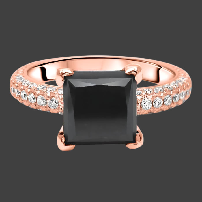 2.70 Carat Princess Cut Black Diamond Pave Engagement Ring 14K Rose Gold