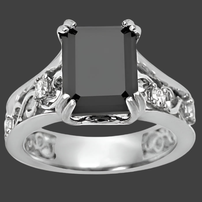 2.70ct Black Emerald Cut Diamond Engagement Ring Vintage Style 14k White Gold