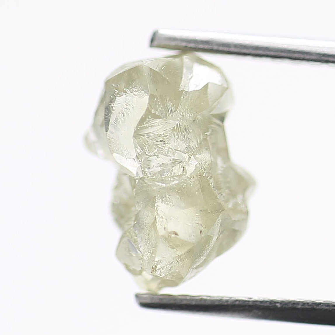 Raw diamond held by tweezers on a white background