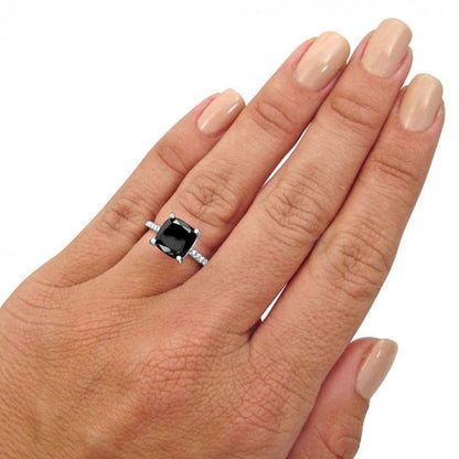 2.80ct Black Cushion Cut Diamond Engagement Ring 14K Solid White Gold