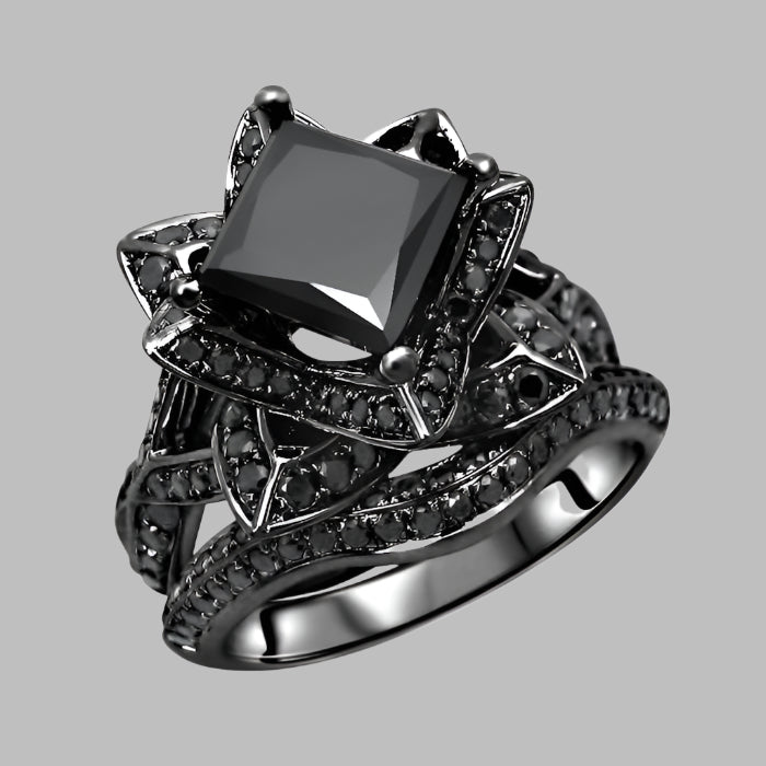 2.90 Carat Black Princess Cut Diamond Lotus Flower Engagement Ring Bridal Set 14K Black Gold
