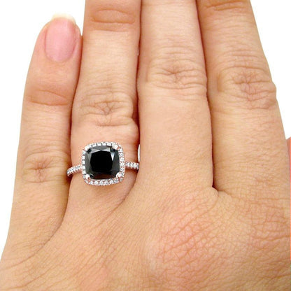 3ct Cushion Cut Black Diamond Halo Engagement Ring 14K Solid Gold