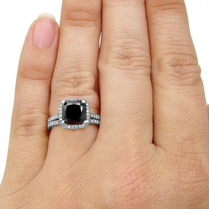 3.20 Carat Cushion Cut Black Diamond Halo Engagement Ring Bridal Set 14K Solid White Gold