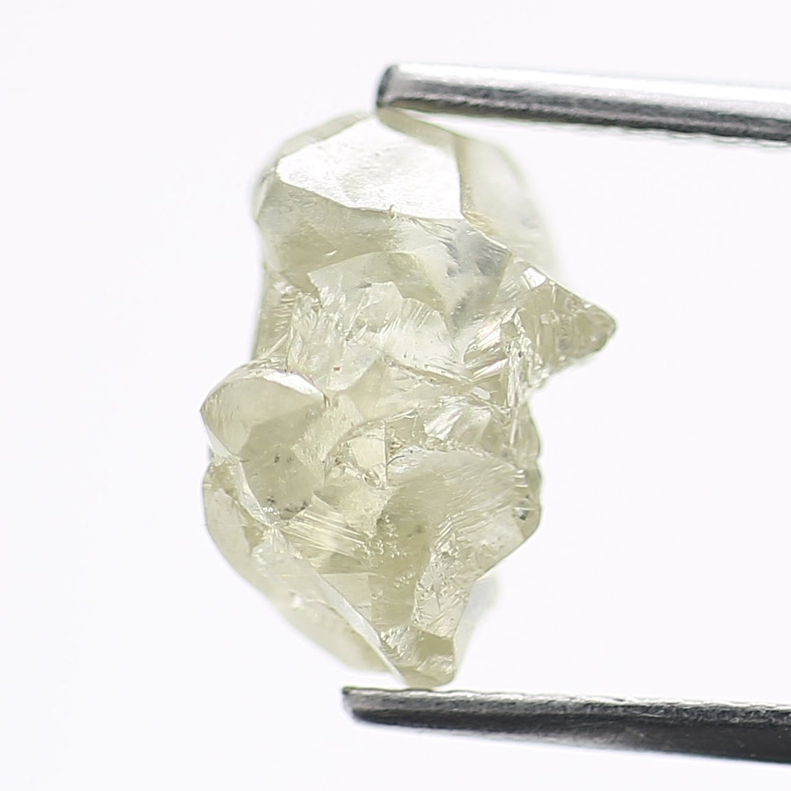 Raw diamond held by tweezers on a white background