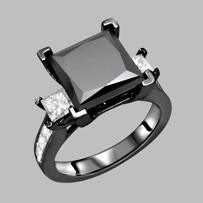 4.10Carat Black 3 Stone Princess Cut Diamond Engagement Ring 14K Gold