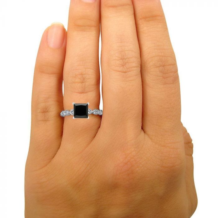 2 Carat Black Princess Cut Diamond Hidden Halo Engagement Ring 14K White Solid Gold 9