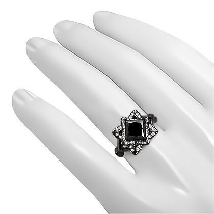 2 Carat Black Princess Cut Lotus Flower Diamond Engagement Ring 14K Black Gold
