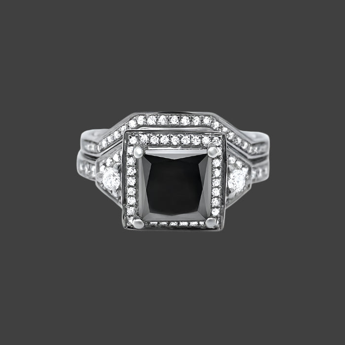 natural princess cut black diamond halo ring with bridal set 2ct