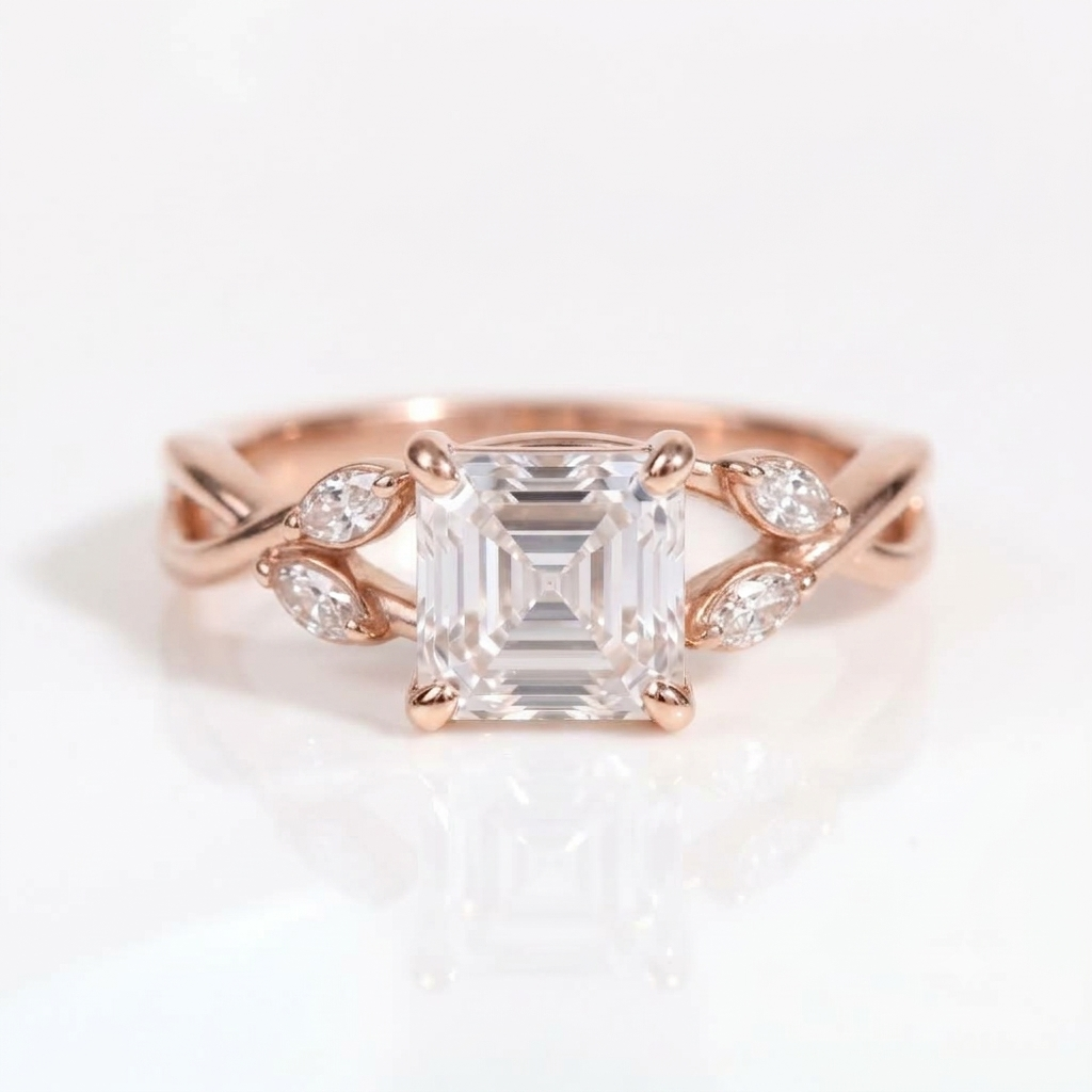 Aura Asscher Unique Diamond Engagement Ring 14K / 18K Solid Gold