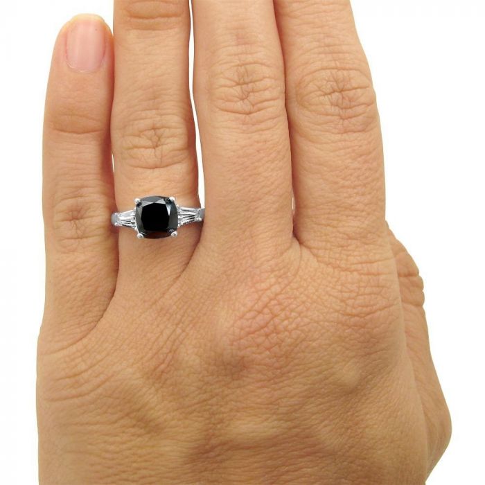 3.15ct Black Cushion Cut Diamond 3 Stone Tapered Baguette Engagement Ring 14K Solid Black Gold