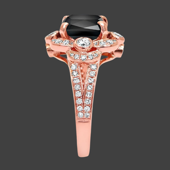 3.30 Carat Black Cushion Cut Diamond Engagement Ring 14K Solid Rose Gold Vintage Style