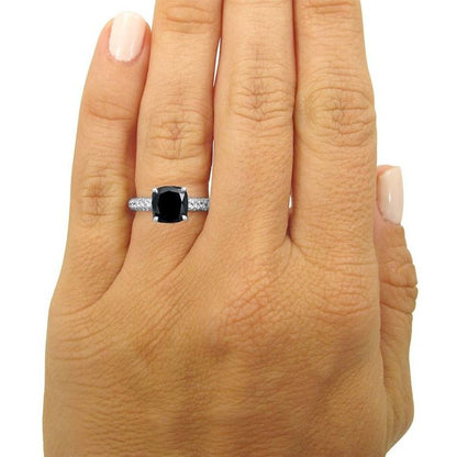 3.50 Carat Cushion Cut Black Diamond Pave Engagement Ring 14K Solid White Gold