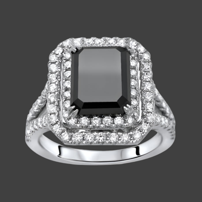 3.50 Carat Black Diamond Emerald Cut Double Halo Engagement Ring 18k White Gold