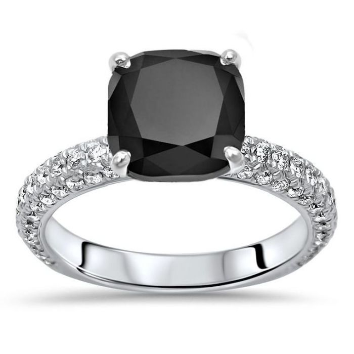 3.50 Carat Cushion Cut Black Diamond Pave Engagement Ring 14K Solid White Gold