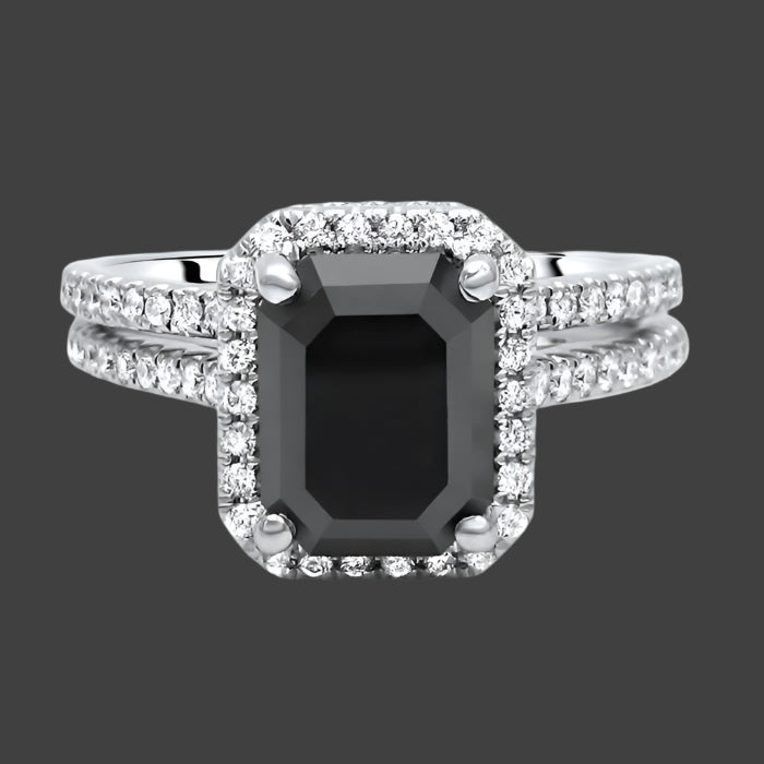 3.50 Carat Emerald Cut Black Diamond Halo Engagement Ring Bridal Set 14k White Gold
