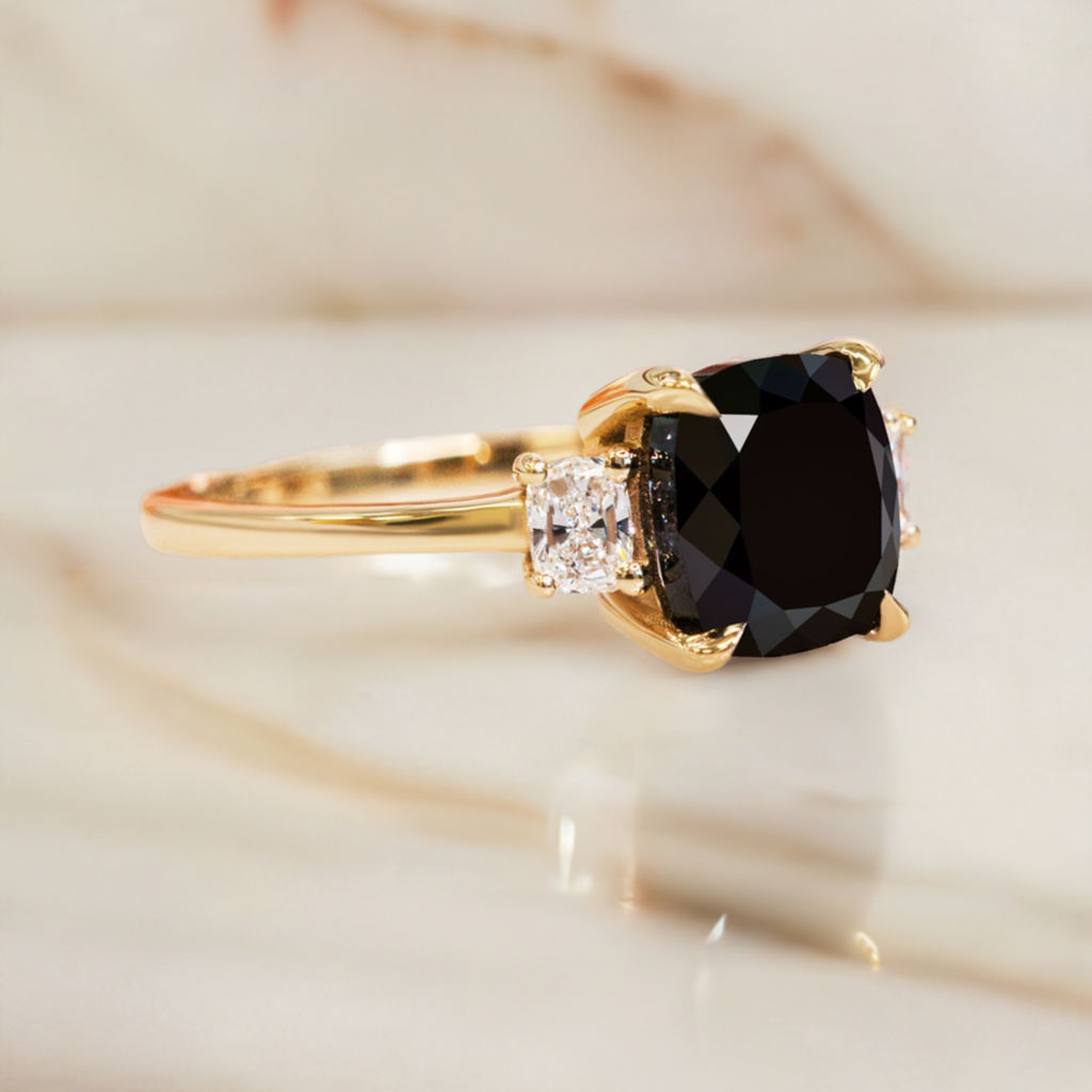3.50 Carats Three Stone Natural Black Diamond Cushion Ring in 14K Yellow Gold
