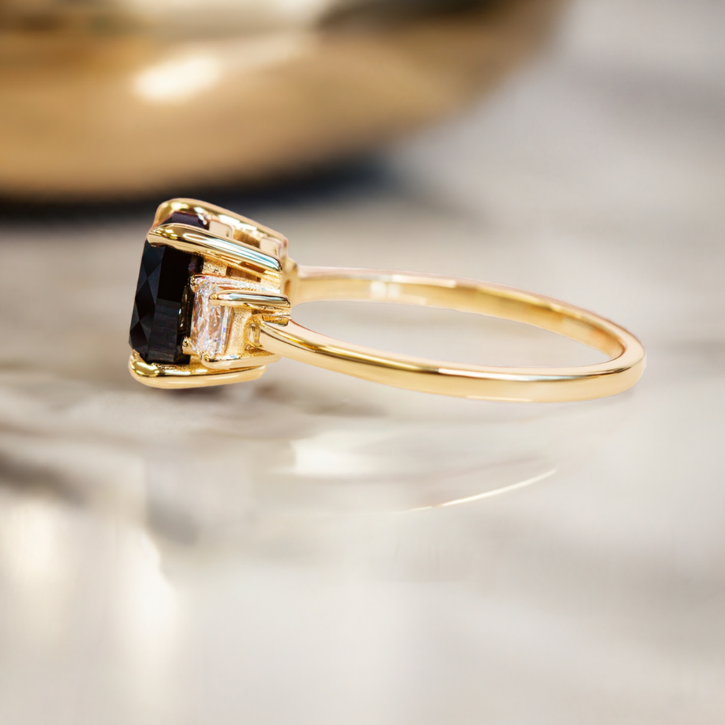 3.50 Carats Three Stone Natural Black Diamond Cushion Engagement Ring 