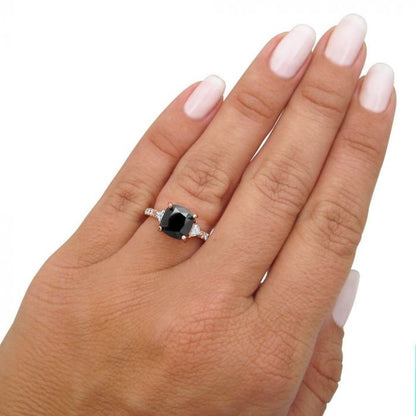 3.50ct Black 3 Stone Cushion Cut 3 Stone Trillion Diamond Engagement Ring 14K Solid White Gold