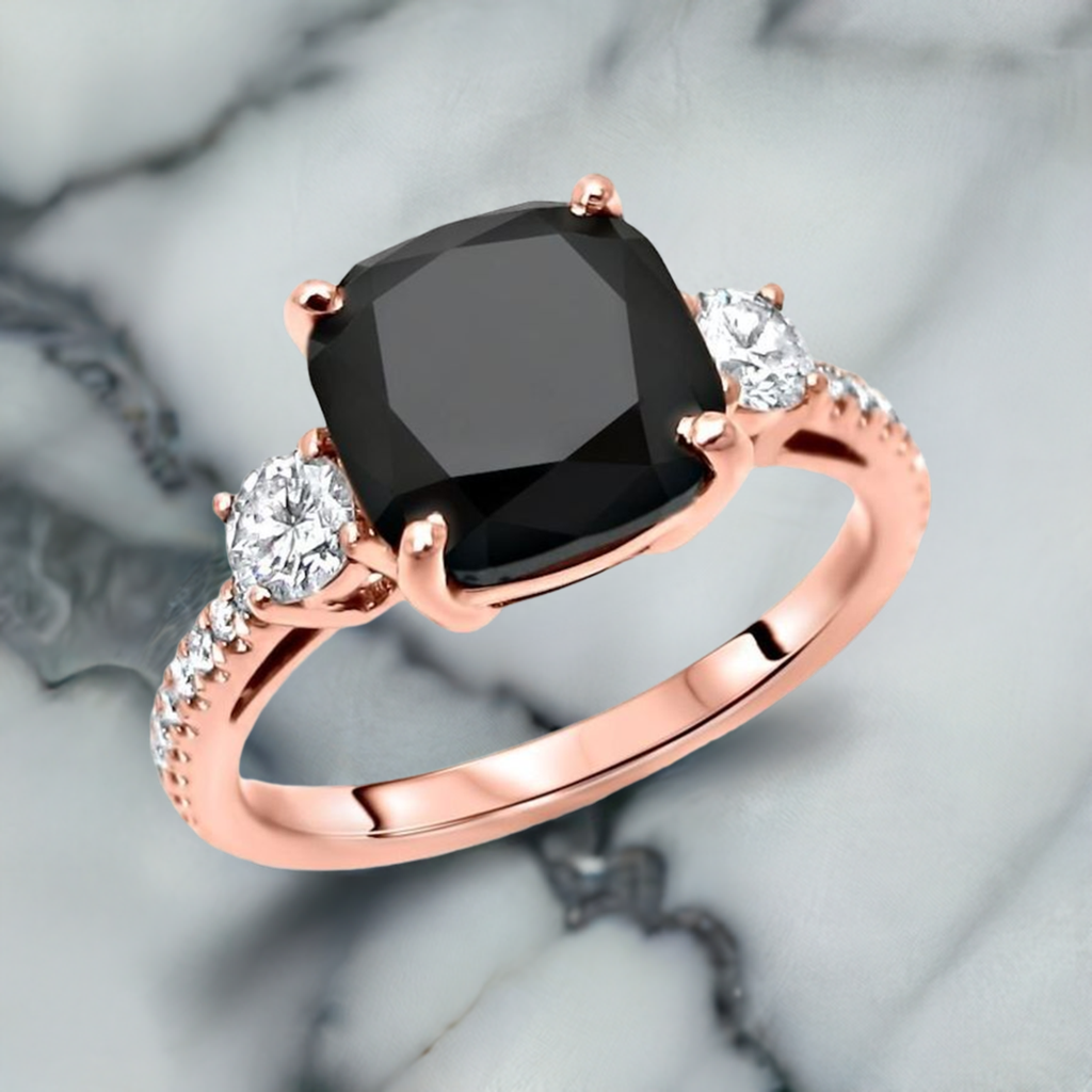 3.50ct 3 Stone Cushion Cut Black Diamond Engagement Ring 14K Solid Rose Gold