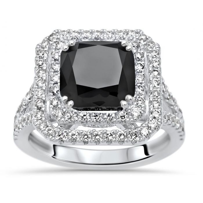 3.50ct Black Cushion Cut Diamond Double Halo Engagement Ring 18K Solid White Gold