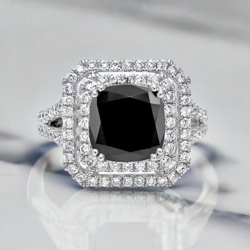 3.50ct Black Cushion Cut Diamond Double Halo Engagement Ring 18K Solid White Gold