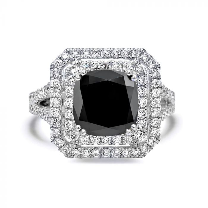 3.50ct Black Cushion Cut Diamond Double Halo Engagement Ring 18K Solid White Gold