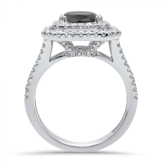 3.50ct Black Cushion Cut Diamond Double Halo Engagement Ring 18K Solid White Gold