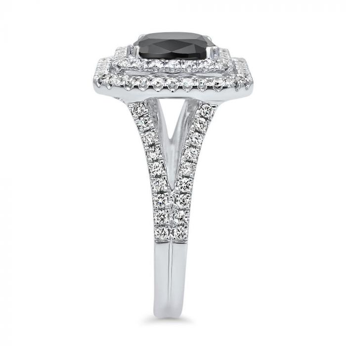 3.50ct Black Cushion Cut Diamond Double Halo Engagement Ring 18K Solid White Gold