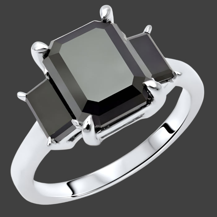 3.50ct Black Emerald Cut Diamond 3 Stone Engagement Ring 14K White Gold