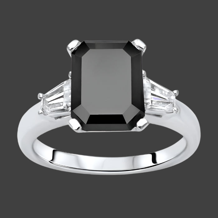 3.50ct Black Emerald Cut Diamond 3 Stone Tapered Baguette Engagement Ring 14k White Gold