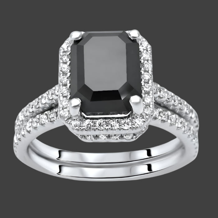 3.50 Carat Emerald Cut Black Diamond Halo Engagement Ring Bridal Set 14k White Gold