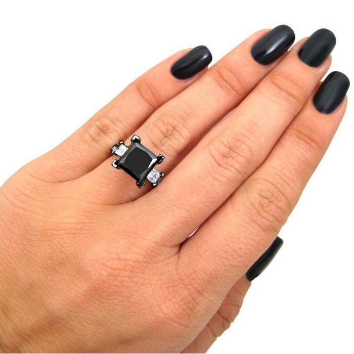 4 Carat Black 3 Stone Princess Diamond  Ring 14K Black Gold