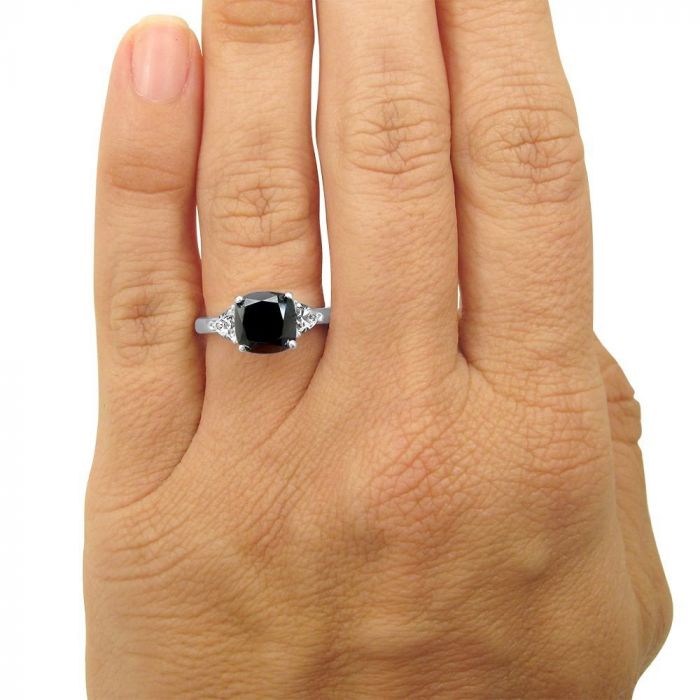 3ct Black Cushion Cut Diamond 3 Stone Trillion White Engagement Ring 14K Solid White Gold