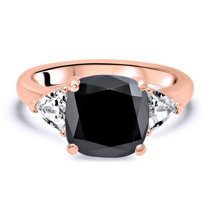 3ct Black Cushion Cut Diamond 3 Stone Trillion White Engagement Ring 14K Solid White Gold