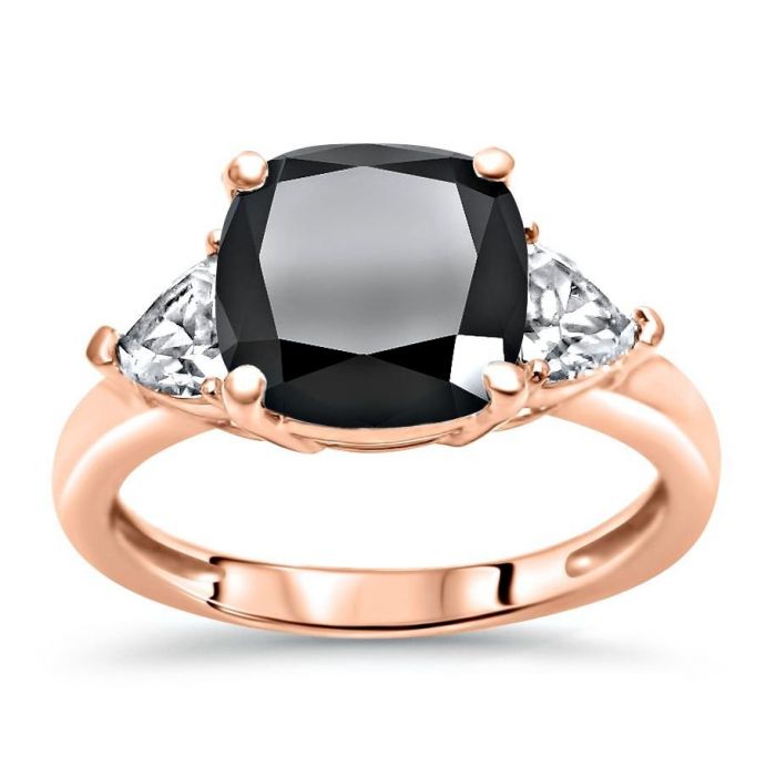 3ct Black Cushion Cut Diamond 3 Stone Trillion White Engagement Ring 14K Solid White Gold