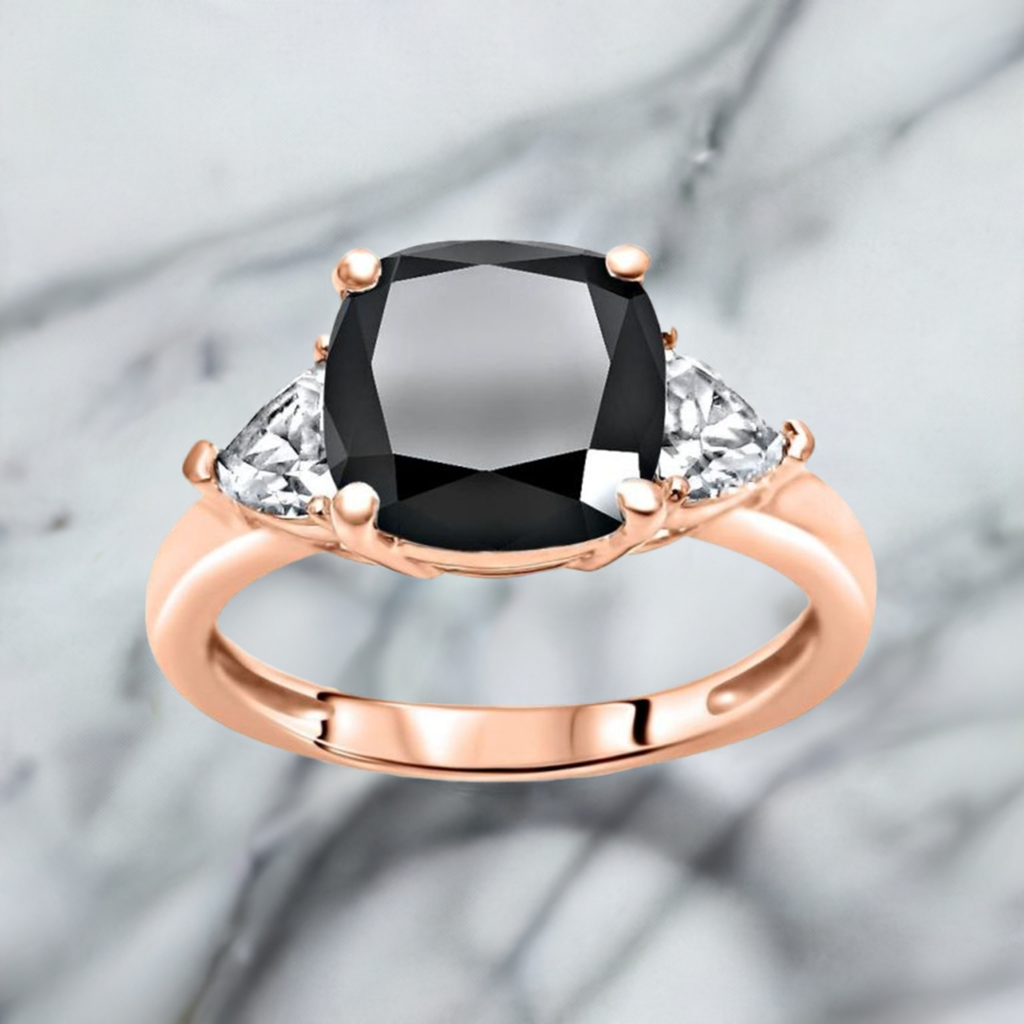 3ct Black Cushion Cut Diamond 3 Stone Trillion White Engagement Ring 14K Solid White Gold