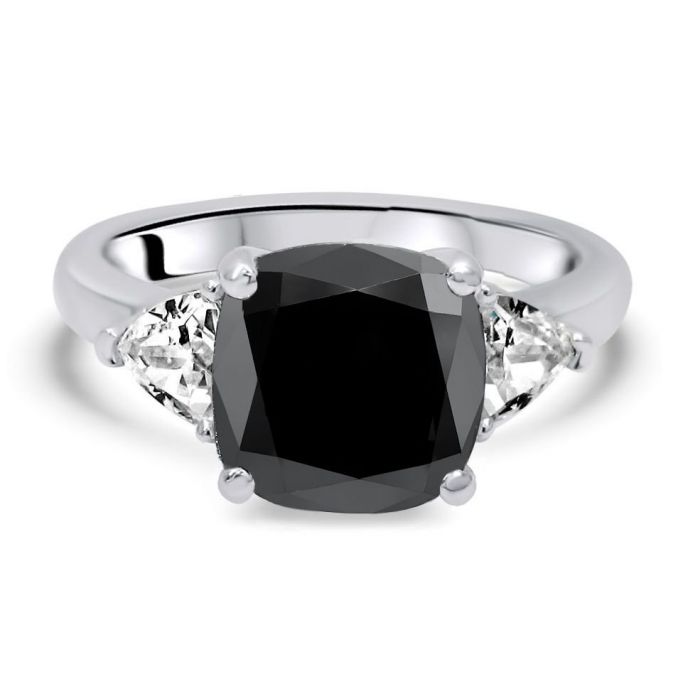 3ct Black Cushion Cut Diamond 3 Stone Trillion White Engagement Ring 14K Solid White Gold