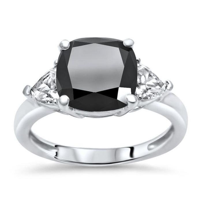 3ct Black Cushion Cut Diamond 3 Stone Trillion White Engagement Ring 14K Solid White Gold