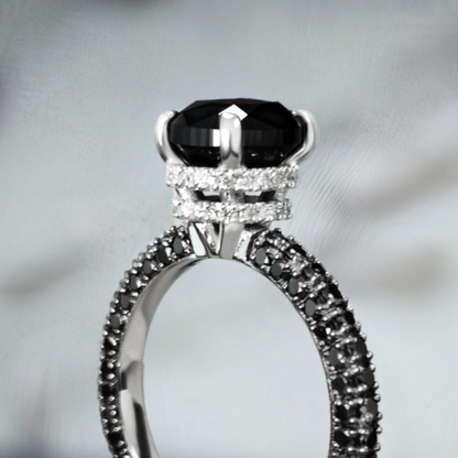 4 Carats Double Hidden Halo Natural Black Diamond Cushion Engagement Ring in 14K White Gold