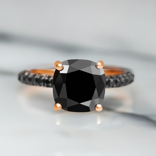 5.20 Carat Hidden Halo Natural Black Diamond Cushion Engagement Ring