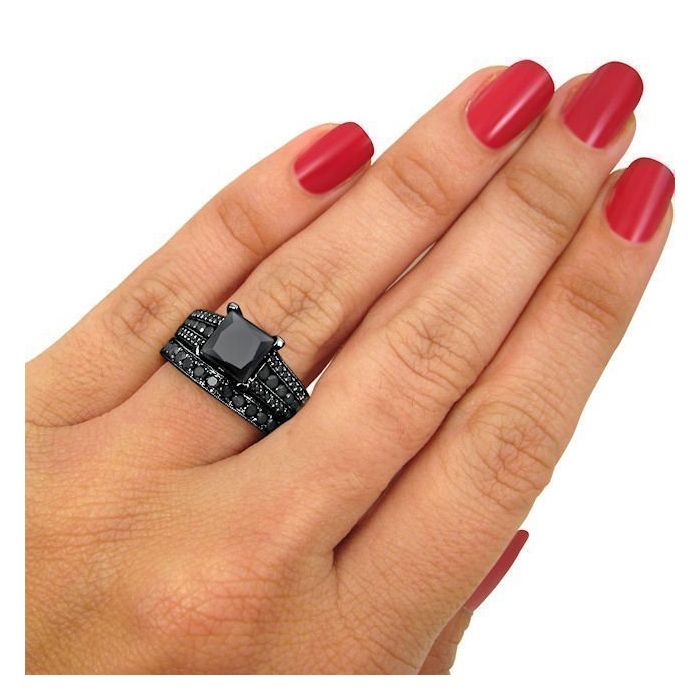 4.30 Carat Black Princess Cut Diamond Engagement Ring Pave Bridal Set 14K Black Gold 6
