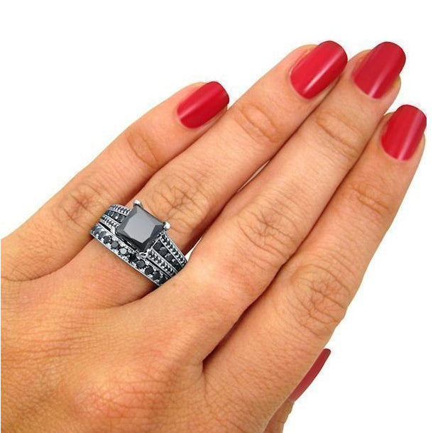 4.30 Carat Black Princess Cut Diamond Engagement Ring Pave Bridal Set 14K White Solid Gold