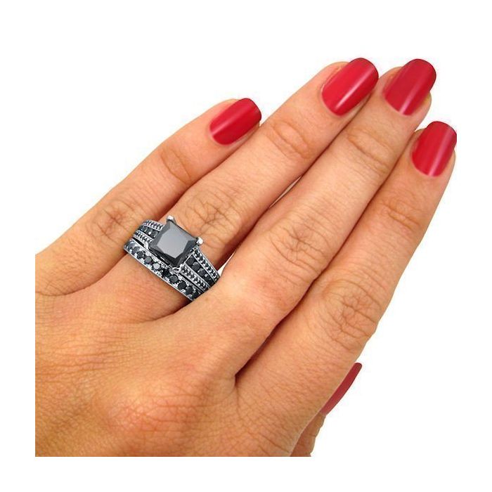 4.30 Carat Black Princess Cut Diamond Engagement Ring Pave Bridal Set 14K White Solid Gold