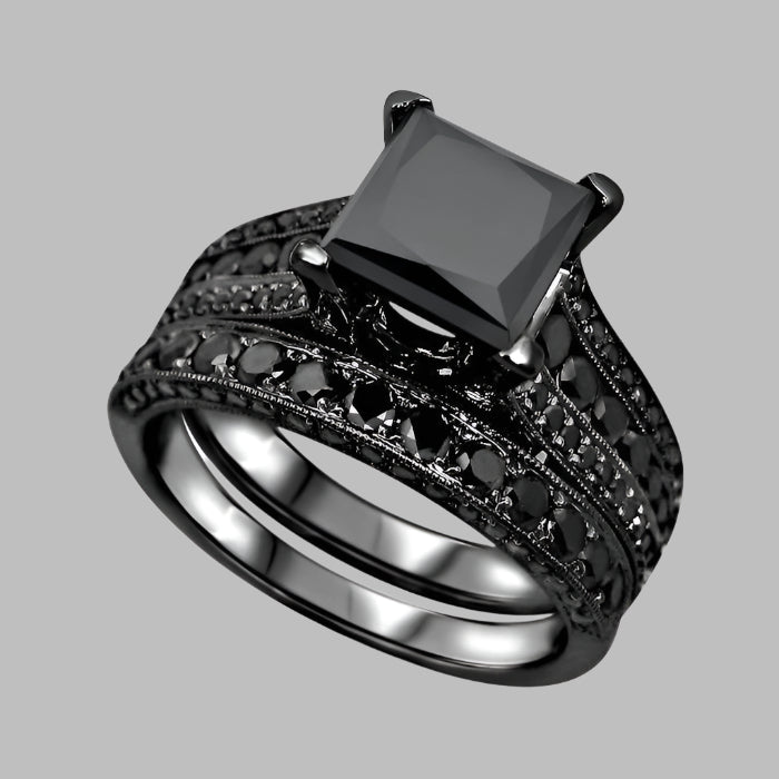 Black Princess Cut Diamond Engagement Ring Pave Bridal Set 14K Black Gold