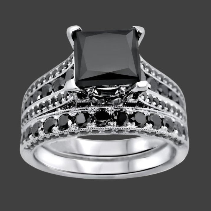 Black Princess Cut Diamond Engagement Ring Pave Bridal Set 14K White Solid Gold