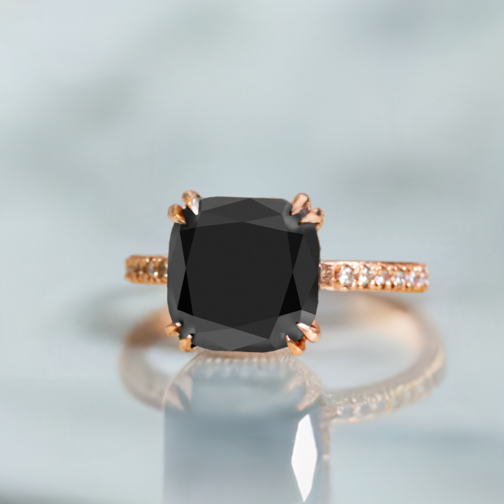 4.50 Carat Cushion Cut Black Diamond Engagement Ring 14K Rose Gold