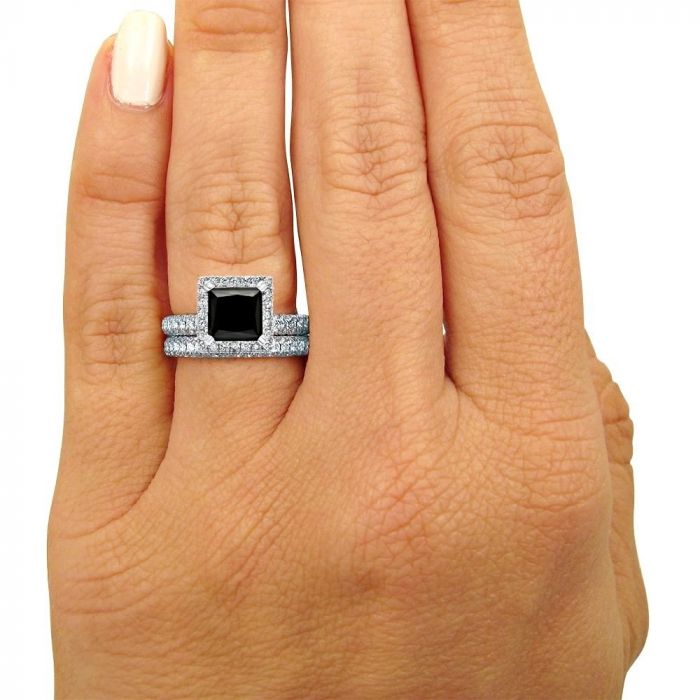 4.60 Carat Black Princess Cut Halo Diamond Engagement Ring Bridal Set 14K White Gold 4
